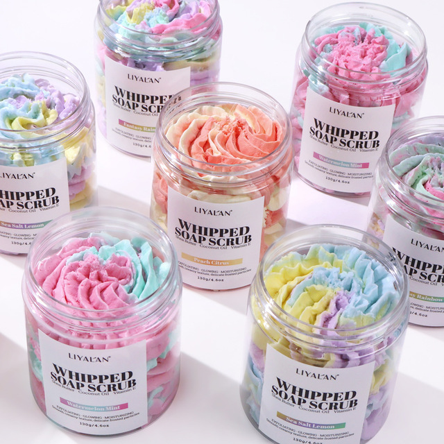 OEM ODM Wholesale Fantasy Rainbow Multicolor Whipped Soap Scrub Body Lotion Moisturizing Fruit Body Butter for Foot Application