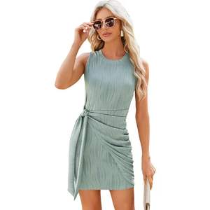Ensemble haut et mini-robe en maille asymétrique sans manches, froncé, col rond, style bodycon, pour femme, idéal pour l'été et les occasions professionnelles - Product Image 2