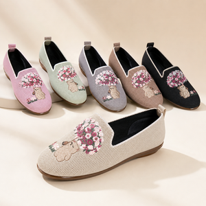 Mocasines Mujer Bordado <span class=keywords><strong>De</strong></span> Oso Y Ramo <span class=keywords><strong>De</strong></span> Flores Parte Superior Tejido Volador Sin Cordones Suela Exterior PVC Flexible Zapatos P - Product Image 1