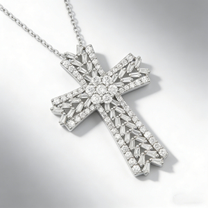 Collar Clásico de Compromiso con Colgante de Cruz y Diamante CVD Cultivado en Laboratorio, Chapado en Oro de 10K/14K/18K sobre Plata Personalizada, Cadena para Suéter, Regalo VS - Product Image 2