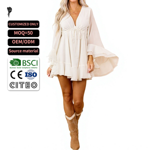 Nuevo Vestido Corto Informal Bohemio para Mujer, Ligero, de Gasa, con Cuello en V, Manga Larga con Volantes y Dobladillo con Volantes - Product Image 1