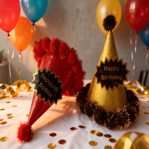 Chapeau d'<span class=keywords><strong>anniversaire</strong></span> en papier pour enfants avec inscription « Joyeux <span class=keywords><strong>anniversaire</strong></span> », forme de cône pointu, design avec boule de fourrure pour les fêtes et les vacances - Product Image 2