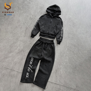 Men's Distressed Gothic Letter Print 2 Piece Hoodie <b>Set</b> Zip up Hooded Sweatshirt and Wide Leg Pants Streetwear Casual Outfit - Product Image 3