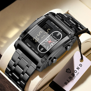 Binbond Square Dual Display Electronic Watch Men Waterproof Stainless Steel Strap Quartz Watch 14mm Folding Clasp - Product Image 1