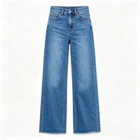 Jean taille haute à jambe large pour femme, en denim décontracté à ourlet brut, avec couture latérale, pour soirée romantique, vente en gros usine