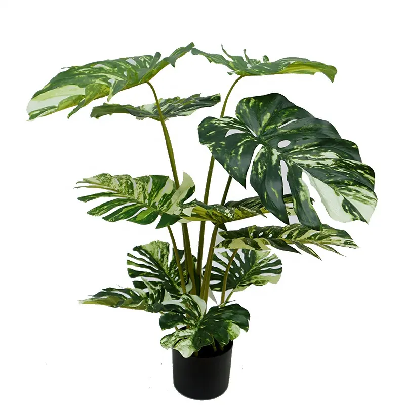 office decor simulation bonsai green plants 11 leaves 100cm Real touch white-green monstera artificial plant in plastic pot
