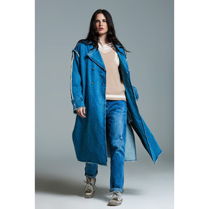 Gabardina de mezclilla con cinturón y bordes sin rematar en lavado medio - Product Image 4