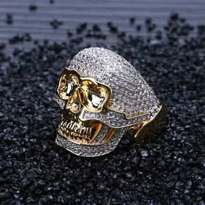 Оптовая продажа, популярные ювелирные кольца в стиле хип-хоп, позолоченные кольца с черепом, 3A Cz, бриллиантовые кольца с черепом для мужчин