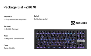 <span class=keywords><strong>Clavier</strong></span> mécanique sans fil Zornher ZH870 Black Lightning RGB rétroéclairé pour Wi-Fi 2,4 GHz Type-C, programmable, 88 touches, pour le gaming - Product Image 5