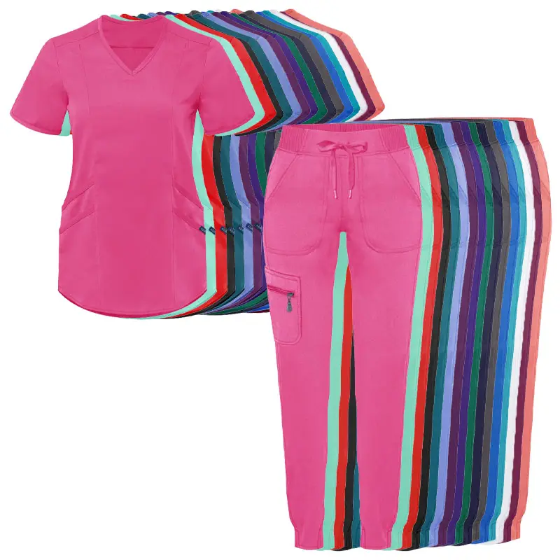 2024 alta calidad Rosa mujer médico Scrubs Logo cuello en V Scrub Top Jogger pantalones uniforme de Hospital