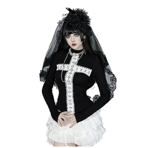 Camiseta de Mujer Nueva de Subcultura, Estilo Gótico, Ajustada, Transpirable, de Viscosa, con Estampado Cruzado, para Otoño - Product Image 1