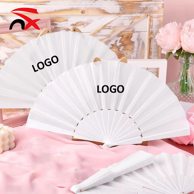 Classic Style White Color Plastic Handle Fan Portable Silk Cloth Decorative Folding Hand Fan for Wedding Gift