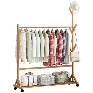 Porte-vêtements en bois sur roulettes pour chambre à coucher, avec <span class=keywords><strong>étagère</strong></span>, panier et crochet à chapeaux – Organisateur de garde-robe moderne - Product Image 1