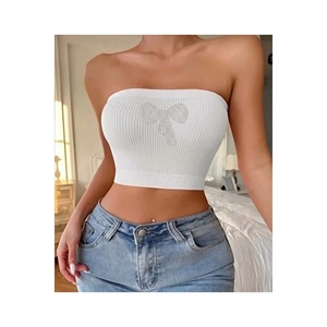 <b>White</b> Strapless Crop Blouse With Bow Embroidery Ribbed Knit <b>Bustier</b> <b>Top</b> Women's Fashion - Product Image 1