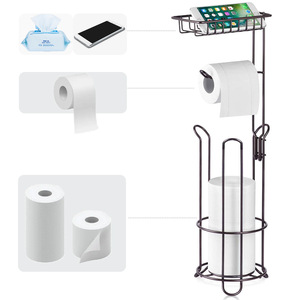 Porte-papier toilette sur pied double fonction en fer noir avec étagère de rangement à niveaux pour salle de bain - Product Image 1