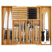 Organisateur de couverts en bambou écologique réglable de type tiroir pour le rangement des ustensiles de cuisine avec surface lisse