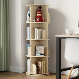 Factory <strong>Supplier</strong> Wooden Rotating Bookshelf Tower <strong>4</strong> <strong>Tier</strong> 360&deg; Spinning Bookcase <strong>with</strong> <strong>4</strong> <strong>Drawers</strong> Round Corner for Small Space - Product Image 1