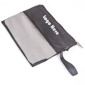 Custom Microfiber Towel <b>Bag</b>- Black Mesh Zippered Pouch with Wrist Strap - Transparent Section, Ideal for Gifts - Product Image 1