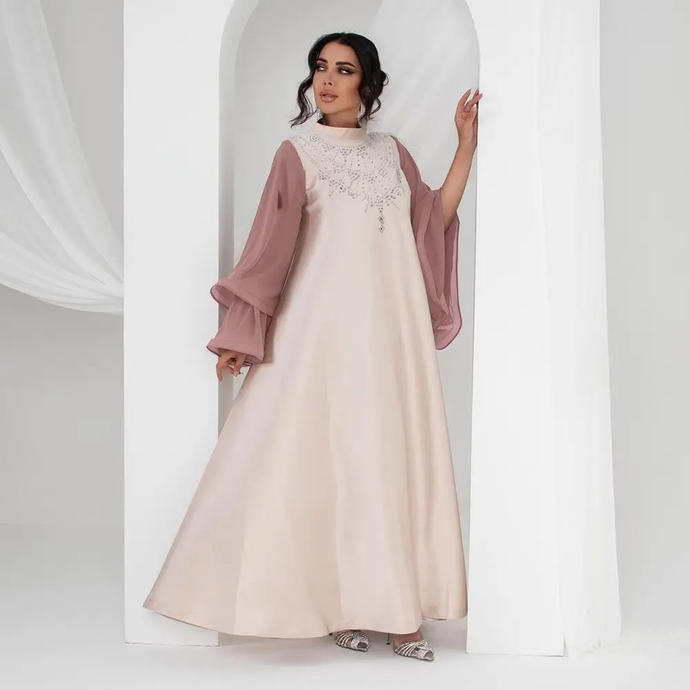 2967 Kuwii gaun jubah Satin Diamante lengan menyala warna-warni gaun Abaya Arab Burqa pakaian Islami gaun Muslim Abaya