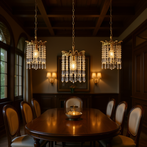 Lustres suspendus en fer doré, lot de 3, abat-jour tambour, culot E14, petite taille, pour salon, avec design cascade de perles - Product Image 2