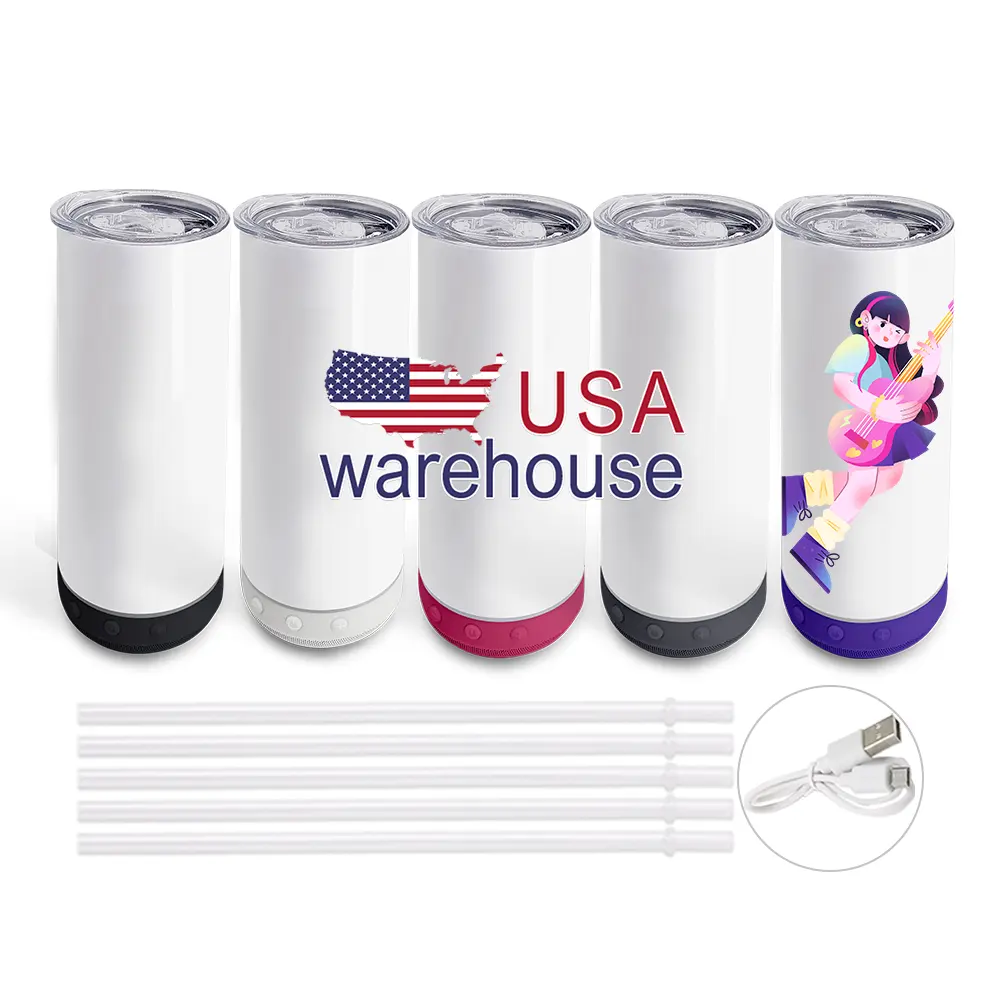 US warehouse bulk stainless steel straight smart wireless music cup speaker tumbler sublimation 20oz