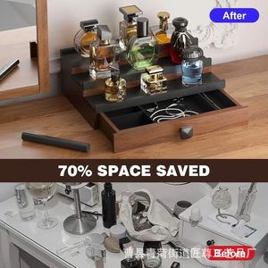 Wooden Multi Tier Perfume Display Rack <b>With</b> <b>Drawer</b> Jewelry Organizer Desktop Storage For Men And Women - Product Image 3