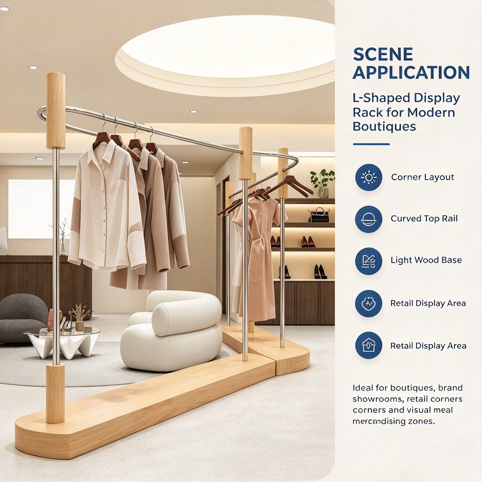 Cloth Display Steel Rack Wood & Stainless Steel Clothing Display Rack, Curved Floor Garment Rack ...