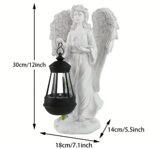 Statua da Giardino di Angelo in Resina Bianca <span class=keywords><strong>con</strong></span> Lanterna Solare Sospesa, Scultura di Angelo <span class=keywords><strong>con</strong></span> Colomba, Decorazione per Cimitero e Giardino - Product Image 6