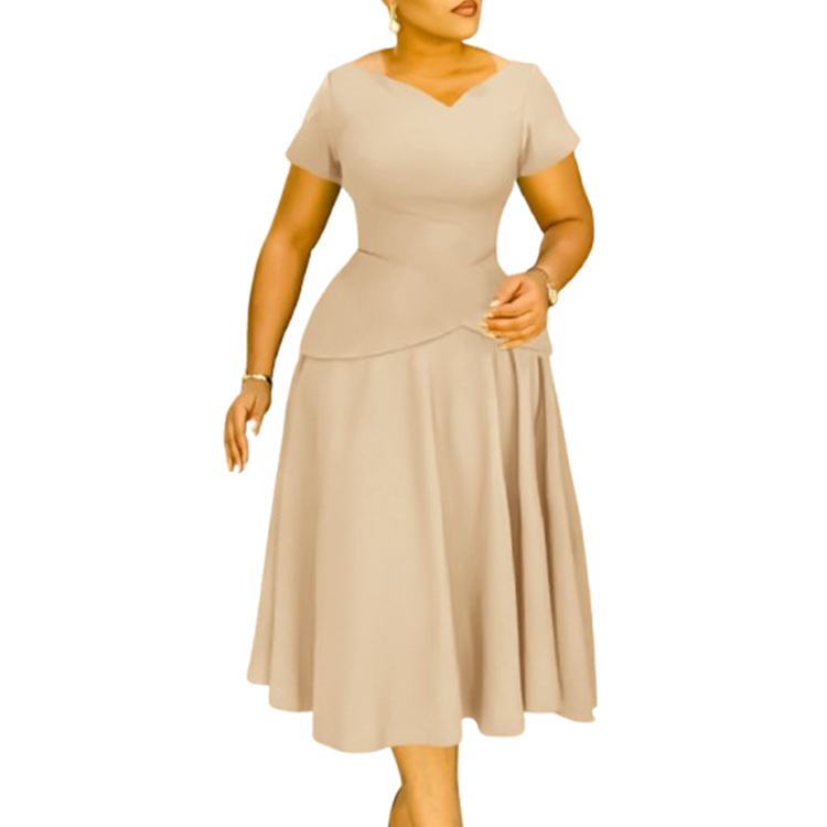 Elegant V-Neck A-Line Midi Office Dress in Eco-Friendly Spandex-polyester