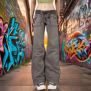 Vaqueros de lujo retro de estilo urbano para otoño, transpirables, ecológicos, cortavientos, casuales, sencillos, de mezclilla lavada, corte recto, tipo cargo, de tiro bajo, estilo picante. - Product Image 2