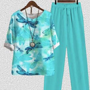 S-5XL été nouveau haut imprimé à manches mi-longues pour femmes et pantalon ensemble deux pièces ensemble deux pièces pour femmes européennes et américaines - Product Image 4