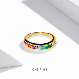 Rainbow Zircon Band <b>Ring</b> <b>Stainless</b> <b>Steel</b> 14K Gold Vacuum Plated Multicolor Square Stone Channel <b>Ring</b> - Product Image 1