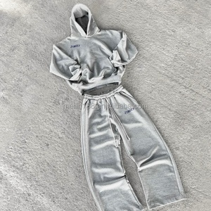 Heavyweight Cotton Loose Crop Hoodies Stacked Sweatpants Set Oversized Tracksuit Sweatsuit Custom Hoodie and Jogger Set - Product Image 2