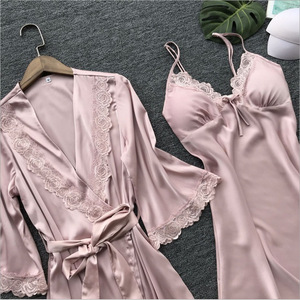 Robe de chambre en satin pour femme avec robe, ensemble <span class=keywords><strong>2</strong></span> pièces, vêtements de nuit, lingerie en satin à dentelle profonde en V, chemise de nuit sexy en soie avec coussinets de poitrine, pyjama - Product Image 4