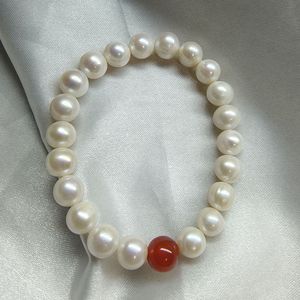 8-9mm Freshwater Pearl and Red Agate <b>Elastic</b> String <b>Bracelet</b> for Babies Easy-to-Wear Small Gift with Slight Flaws - Product Image 3
