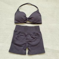 Ensemble de sport 2 pièces DF froncé uni respirant : Soutien-gorge de sport halter ajusté et short taille élastique pour la course et le fitness (effet push-up)