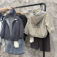 Veste courte à capuche double face en mélange de coton pour enfants, style automne, color-block, avec fermeture éclair à lettres assorties, pour garçons et filles