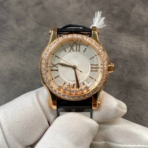 Montre automatique élégante pour femme avec lunette sertie de diamants, cadran à chiffres romains, bracelet en cuir doré, idéale pour le bureau et les événements - Product Image 1