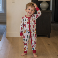 Combinaison pour garçon, motif dinosaure, rayures rouges, combinaison bébé à manches longues, fermeture éclair, pyjama pour nourrisson, vêtements de nuit en bambou