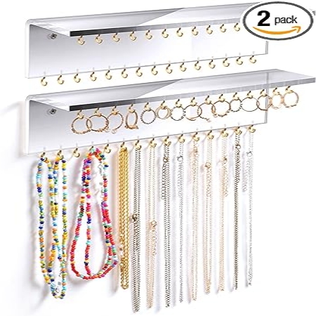 Organisateur de bijoux en acrylique mural 2 pièces avec 60 crochets, présentoir pour bagues, boucles d'oreilles, porte-collier.