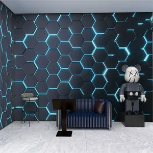 几何六边形霓虹灯立方体黑色和蓝色壁纸高科技游戏室装饰剥离和粘墙画
