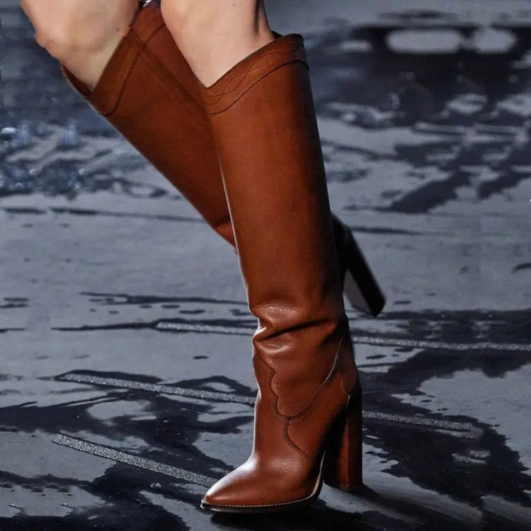 Echtes Leder Frauen Winter mode Kniehohe Stiefel Modenschau Pointed Toe Chunky Heel Booties Slip On Wide Calf Lange Stiefel