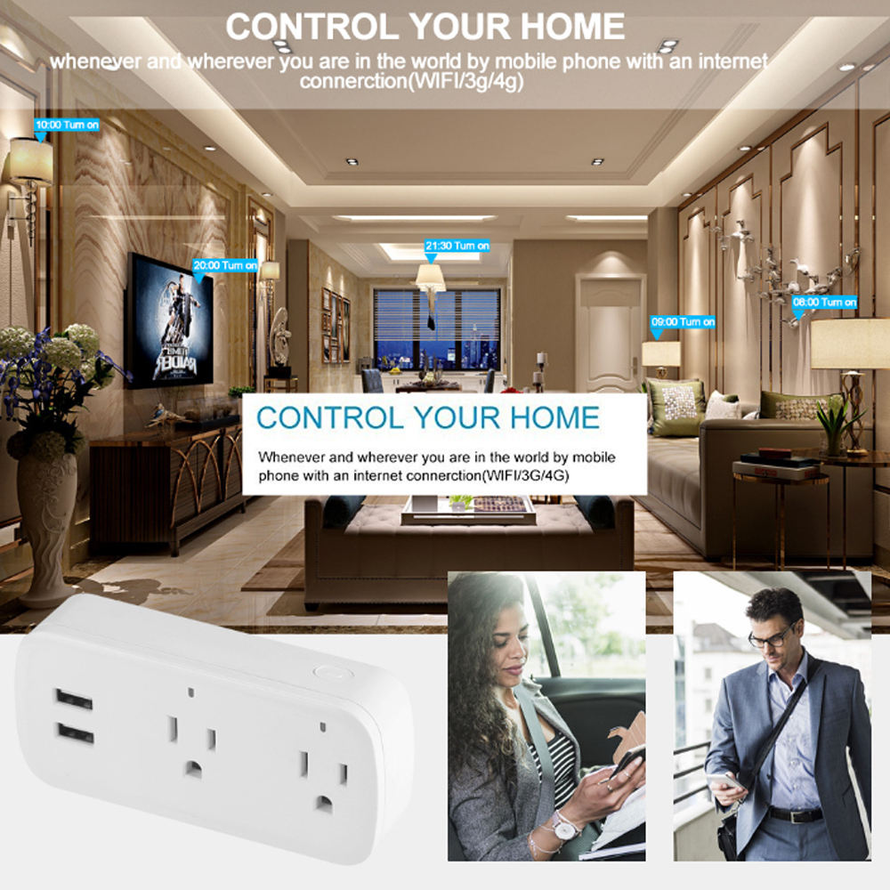 HONPNK08 2D2U 10A/16A Smart Wifi Plug Socket Wireless Remote Control Via APP Works with Alexa Google Home FCC CE