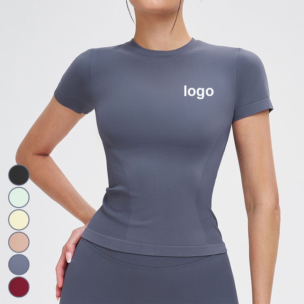 Custom Seamless Yoga Shirts High Quality Softness Women Crew Neck Short Sleeve Gym Blank Tshirts Compression Slim Yoga T Shirts