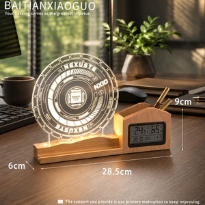 Luz Nocturna Acrílica con Logotipo Personalizado, Portaplumas, Termómetro, Reloj, Base de Madera de Nogal, Recargable, <span class=keywords><strong>Regalo</strong></span> Empresarial Conmemorativo - Product Image 3