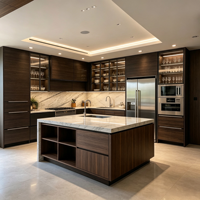 Armoires de cuisine en bois de noyer de qualité supérieure avec îlot central intégré pour projets personnalisés de luxe
