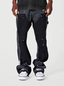 Pantaloni da Lavoro Neri Svasati da <span class=keywords><strong>Uomo</strong></span> in Denim Effetto Usurato con Dettagli Dipinti a Mano e Inserti a Contrasto - Product Image 3