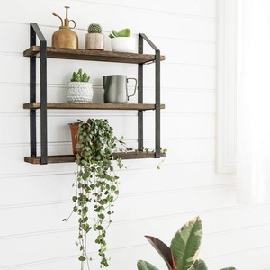 Wall Mounted Wooden Storage Rack Iron <b>Wood</b> Combination <b>Rustic</b> Design Black Brown Living Room Display <b>Shelf</b> - Product Image 3