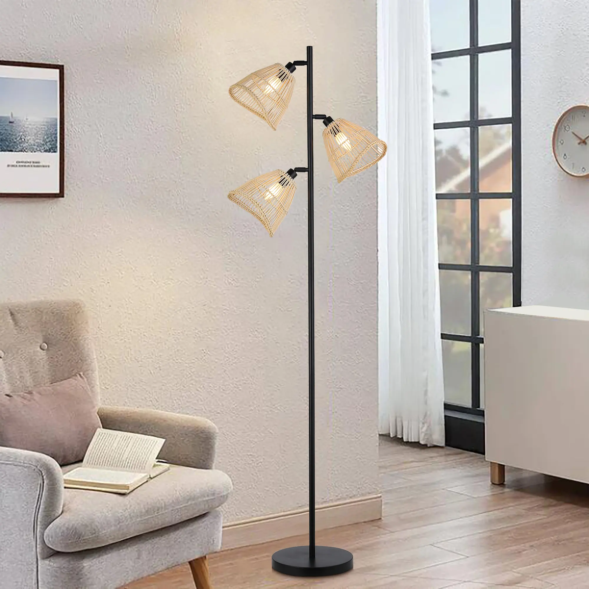 Rustic modern 3-Head vintage floor lamp with black metal lamp bese and rattan lamp shade for living room and bedroom