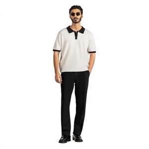 Polo en coton blanc pour homme avec col et poignets noirs, manches courtes, design uni tricoté, respirant, coupe classique - Product Image 5